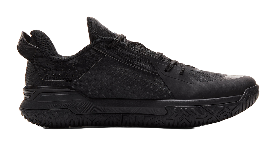 Peak Taichi black basketball shoe, side view with textured upper and molded midsole