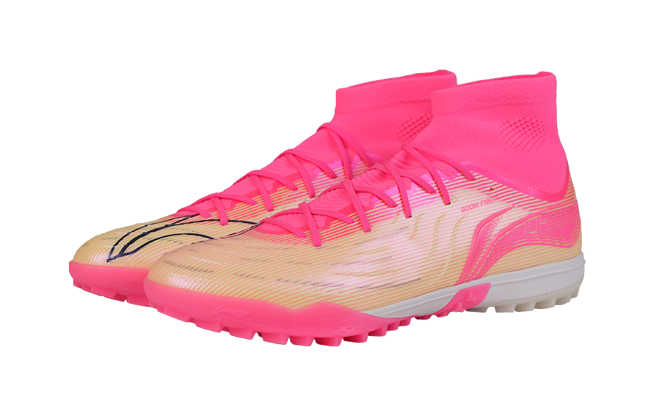 Unisex turf soccer shoe with pink knit collar and lace-up front, white sole