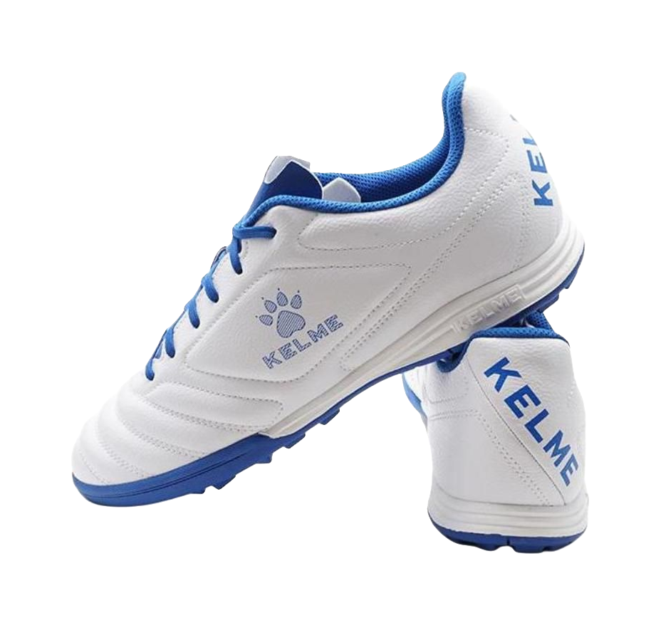 Unisex training soccer shoe heel and side, white upper with blue collar and KELME
