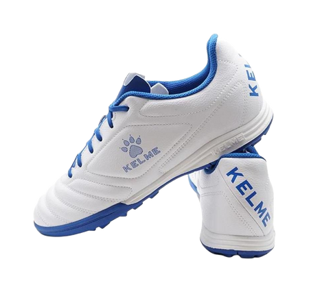 Unisex training soccer shoe heel and side, white upper with blue collar and KELME
