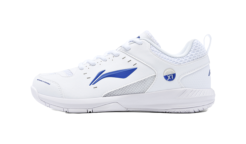 White badminton shoe with blue logo, lace-up, padded collar and side panels