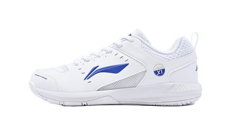 White badminton shoe with blue logo, lace-up, padded collar and side panels
