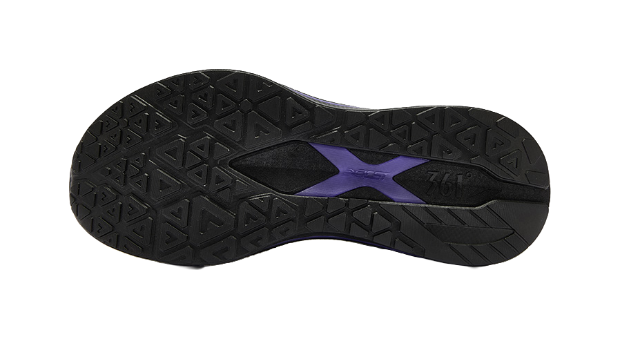 Shoe outsole, textured black with purple stripe accent for men's low-top running shoes