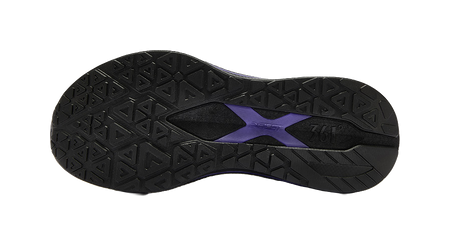 Shoe outsole, textured black with purple stripe accent for men's low-top running shoes