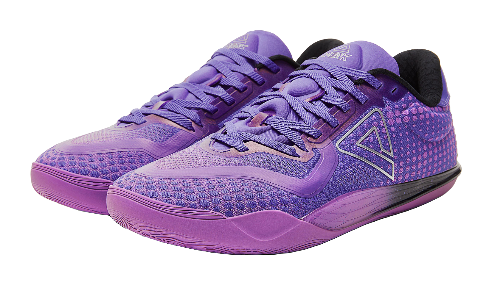 Pair of crystal purple basketball shoes with purple laces and padded collar