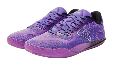 Pair of crystal purple basketball shoes with purple laces and padded collar