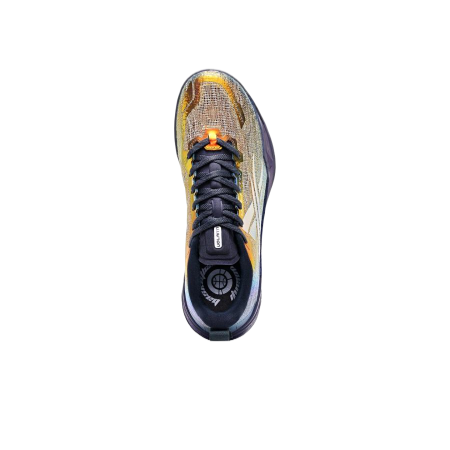 Basketball shoe front view in dark navy mesh with yellow-orange lace accents.