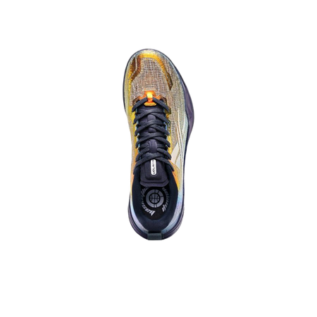 Basketball shoe front view in dark navy mesh with yellow-orange lace accents.