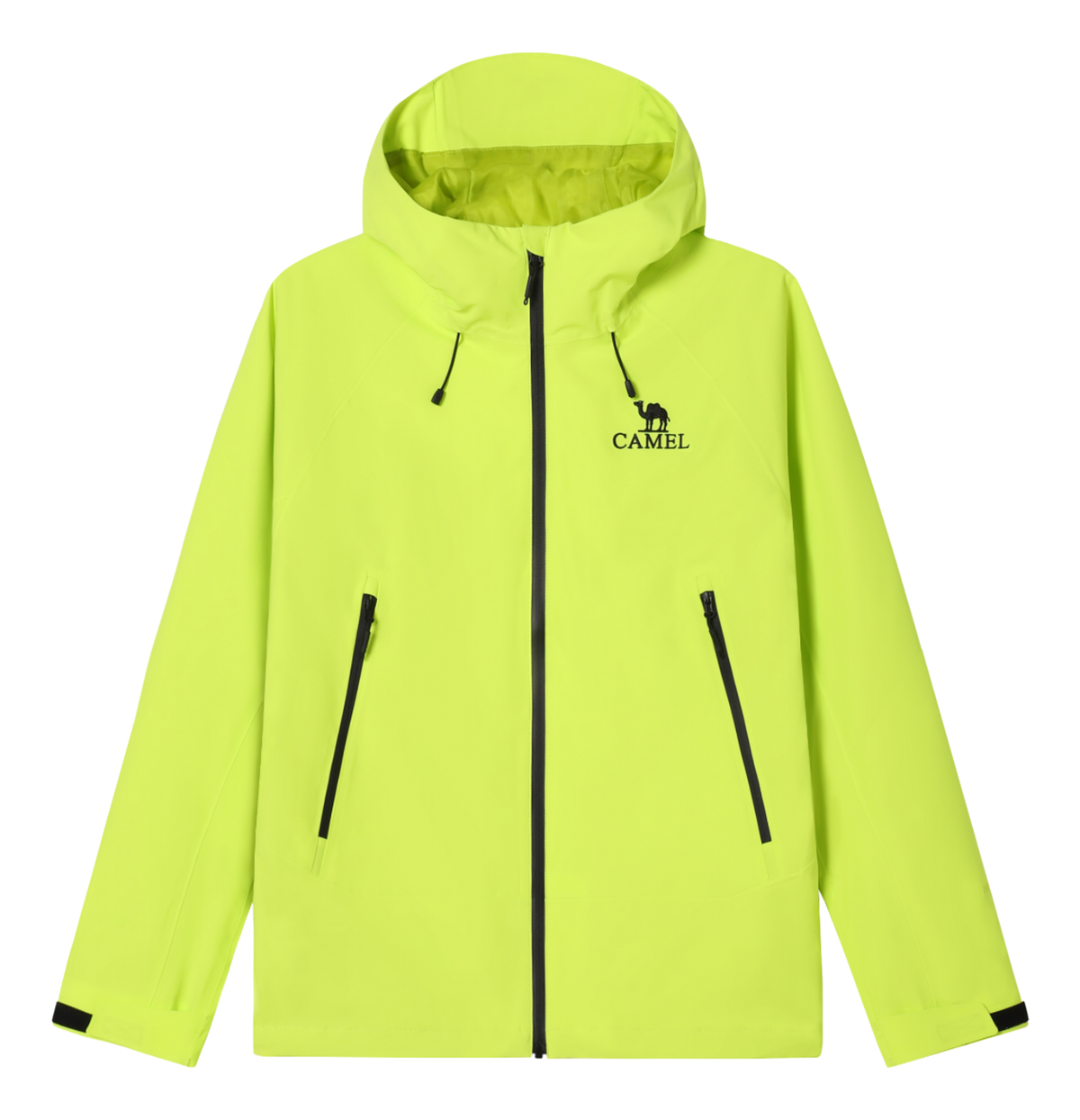 Neon green unisex windbreaker jacket with hood, full zip, and two zippered front pockets