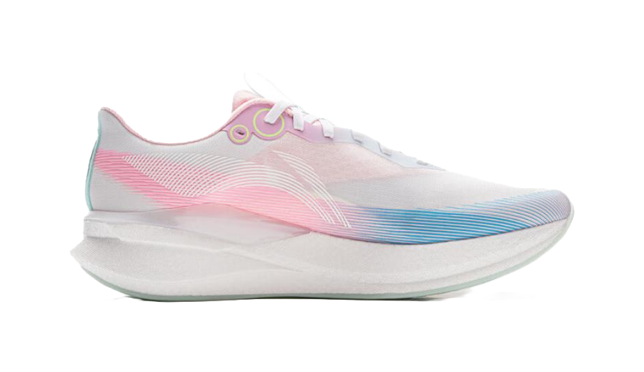 White running shoes with pink and blue gradient side panel and thick midsole
