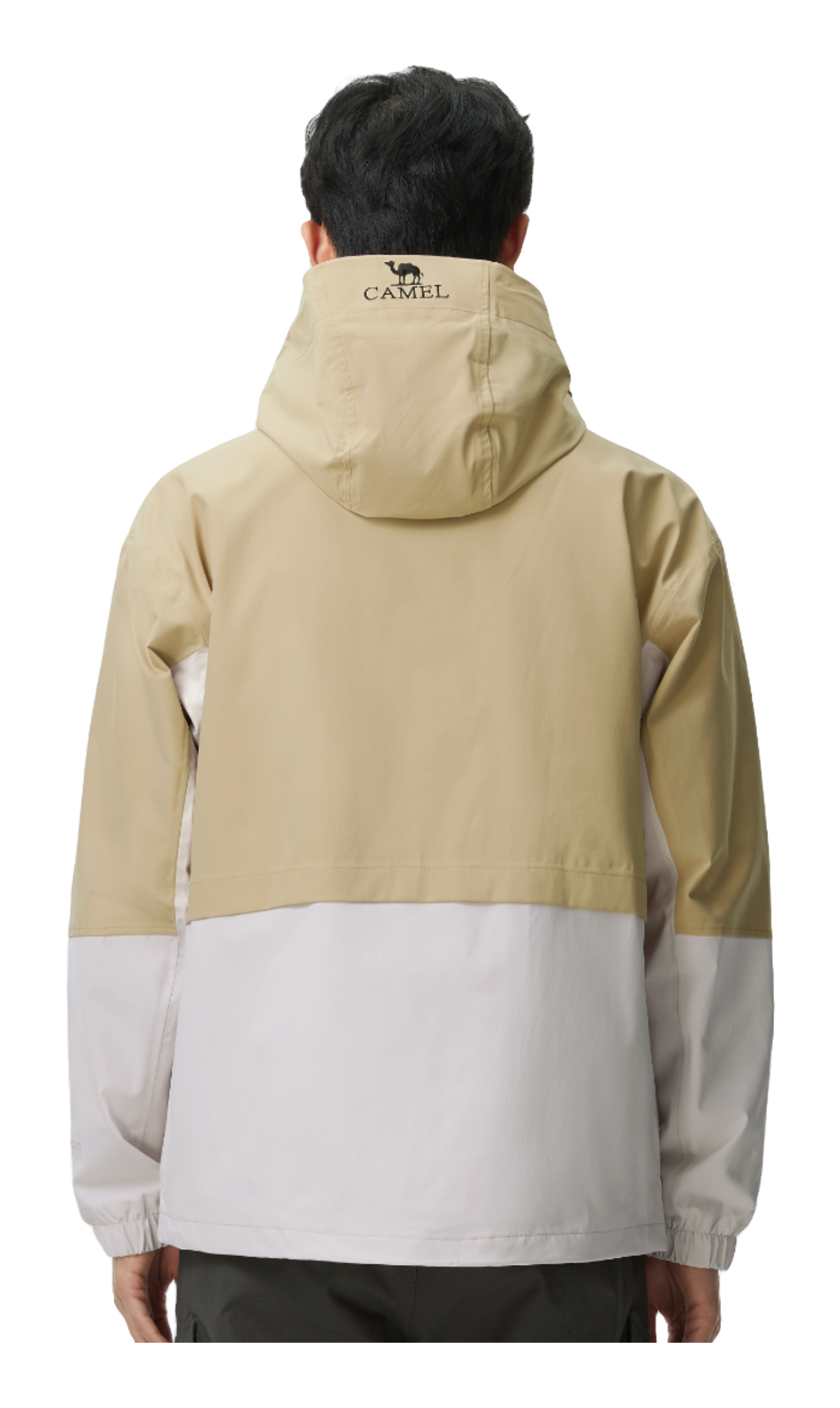 Men's hooded two-tone windbreaker jacket in light tan and light gray