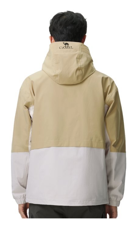Men's hooded two-tone windbreaker jacket in light tan and light gray