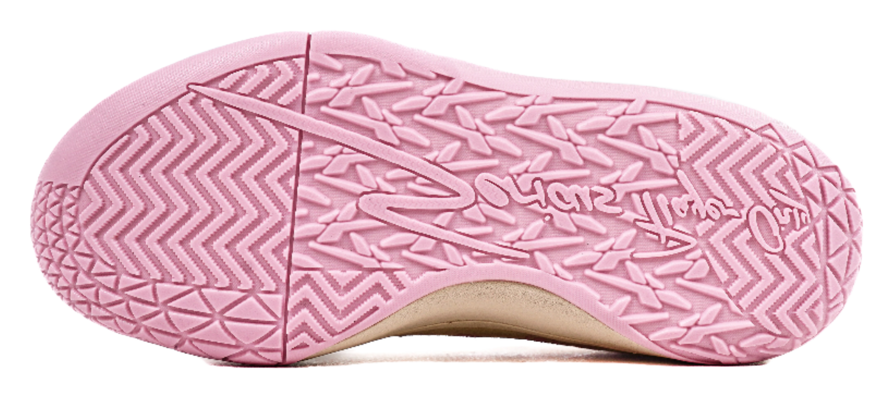 Pink patterned rubber outsole on basketball sneakers with beige sole
