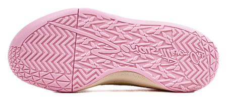 Pink patterned rubber outsole on basketball sneakers with beige sole