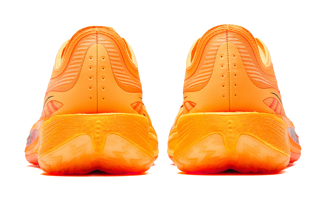Anta Crazy 5 low-top shoes, rear view with textured cushioned sole in orange/yellow
