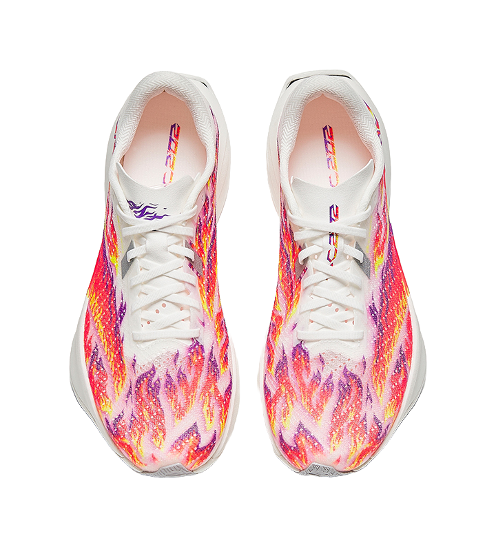 Pair of white lace-up running shoes with multicolor glitter upper and padded collar