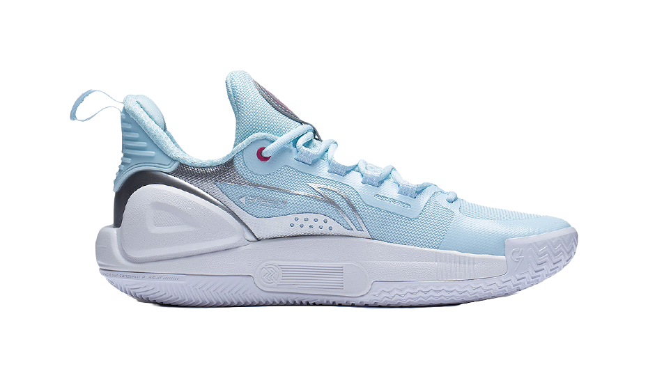 Blue and silver basketball shoe side view with padded collar and thick outsole