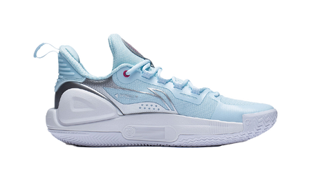 Blue and silver basketball shoe side view with padded collar and thick outsole