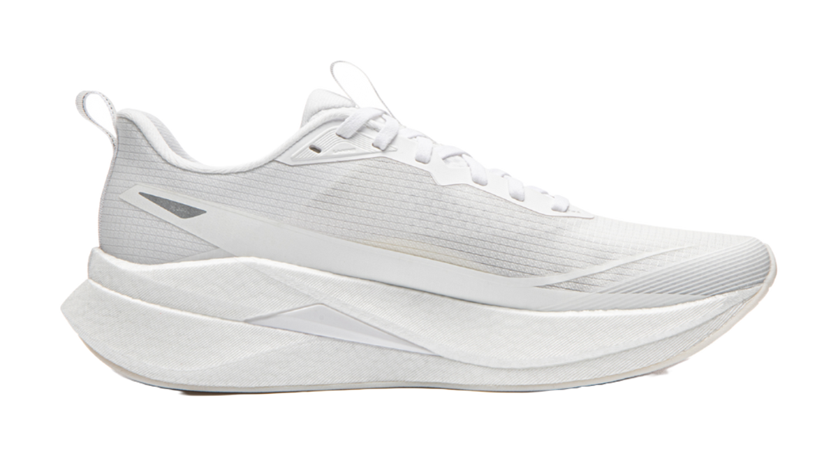 White running shoe side profile with logo stripe detail and cushioned midsole
