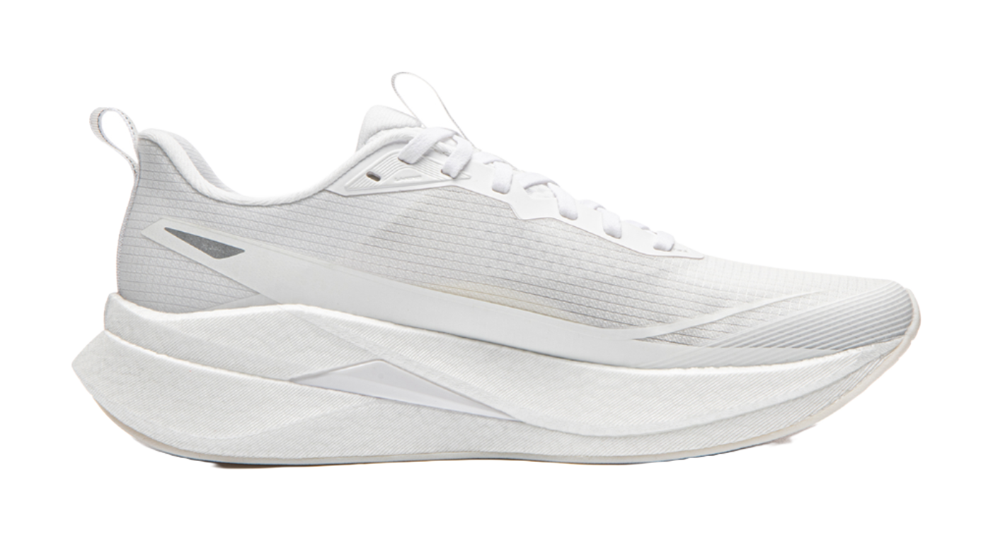 White running shoe side profile with logo stripe detail and cushioned midsole