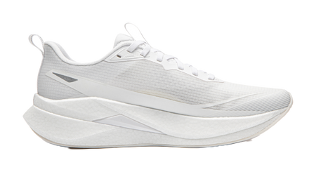 White running shoe side profile with logo stripe detail and cushioned midsole