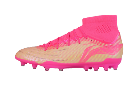 Pink high-top soccer cleat with beige mesh upper, pink laces, and molded stud sole