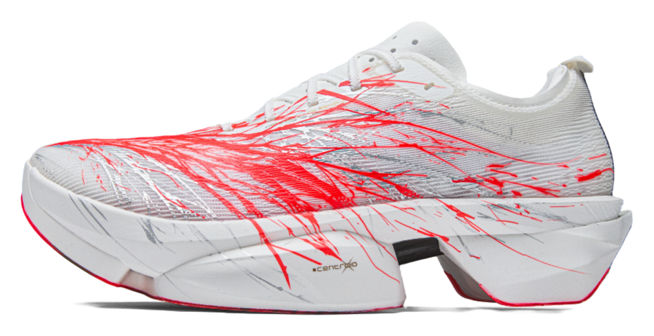 Unisex marathon racing super shoe, white mesh upper with red heartbeat graphic, lace-up