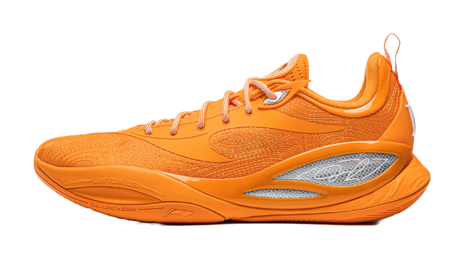 Li Ning orange low-top basketball shoes with lace-up front and textured upper