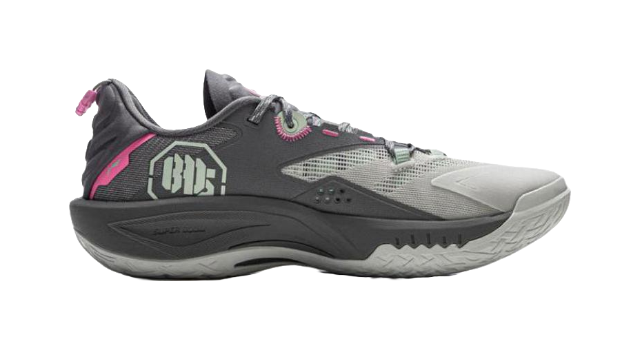 Grey knit basketball shoe with black side panel, pink lace loops, and textured sole