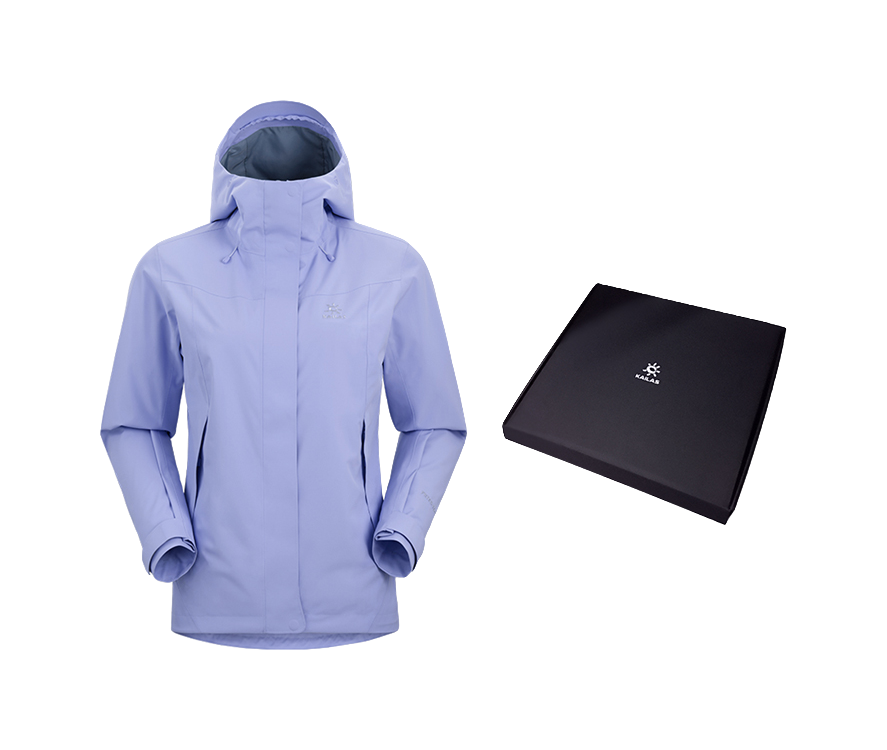 Women's periwinkle blue windbreaker jacket with adjustable hood, zip front, and side pockets.