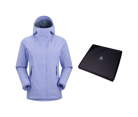Women's periwinkle blue windbreaker jacket with adjustable hood, zip front, and side pockets.