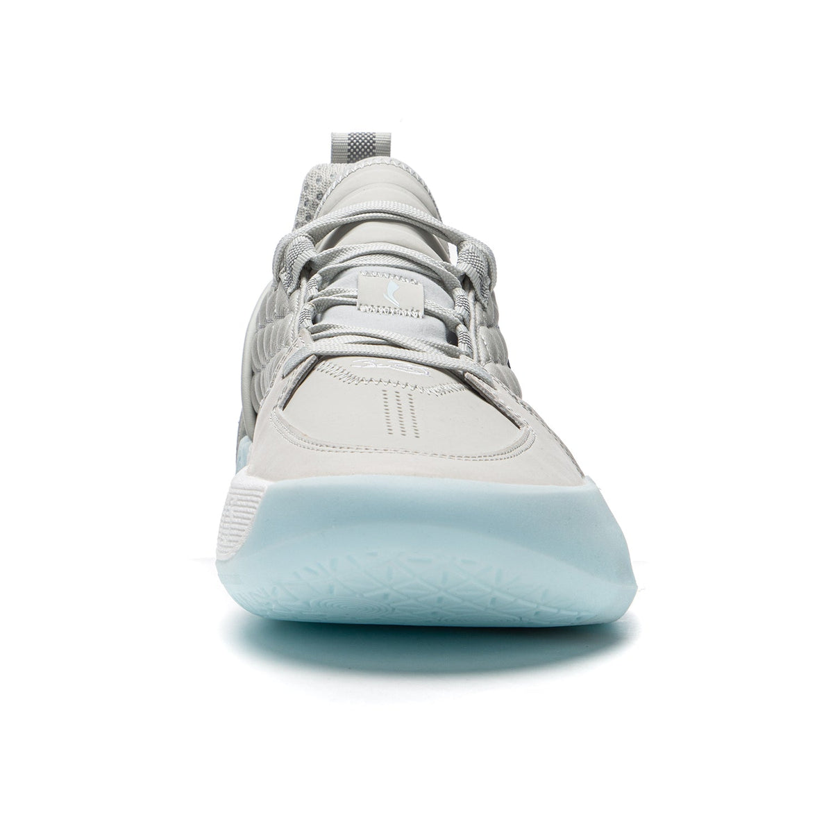 Men's grey basketball shoe front view with lace-up, textured upper, light blue midsole