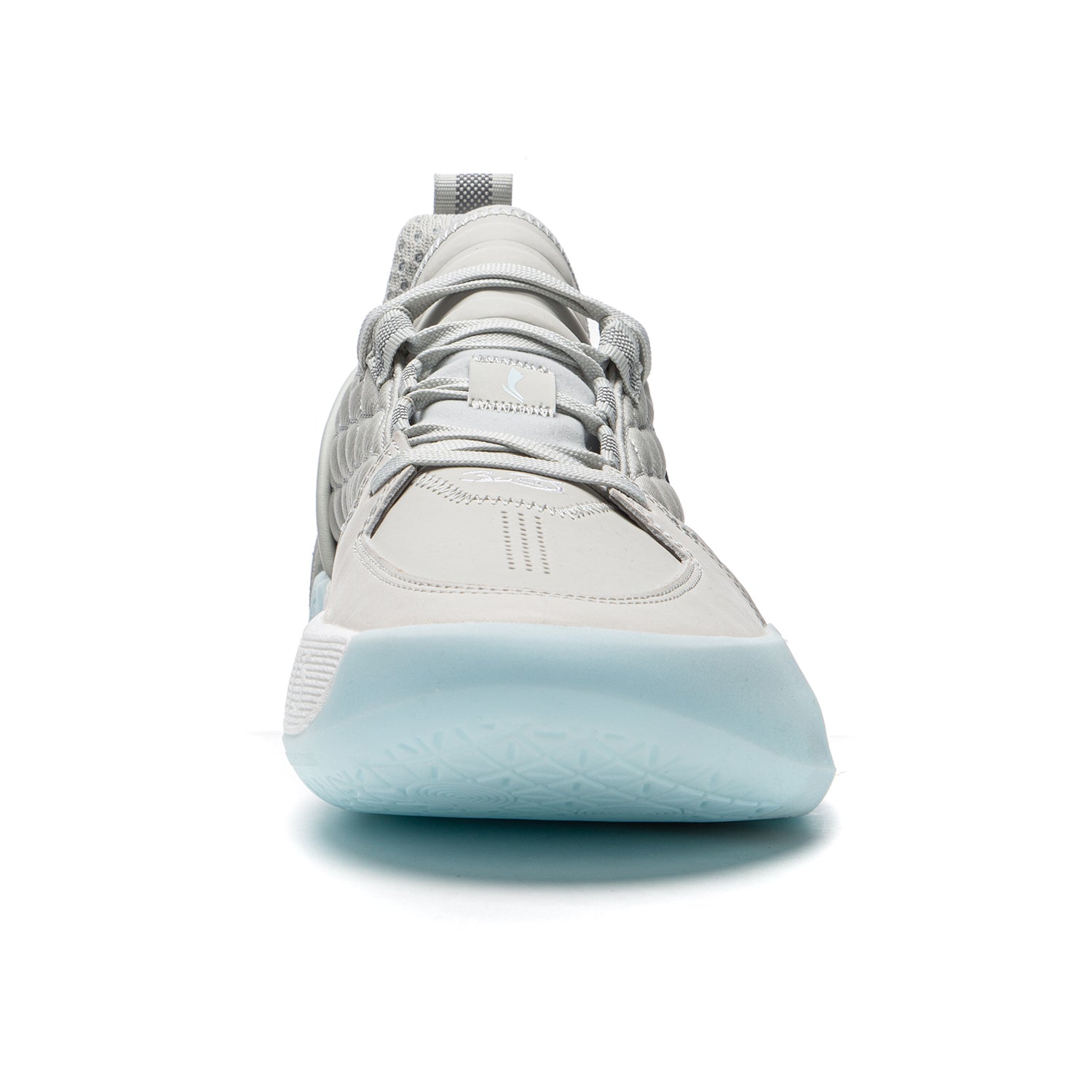 Men's grey basketball shoe front view with lace-up, textured upper, light blue midsole