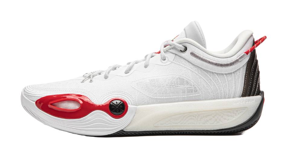 White basketball shoe with red accents, lace-up front, padded collar, side logo detail