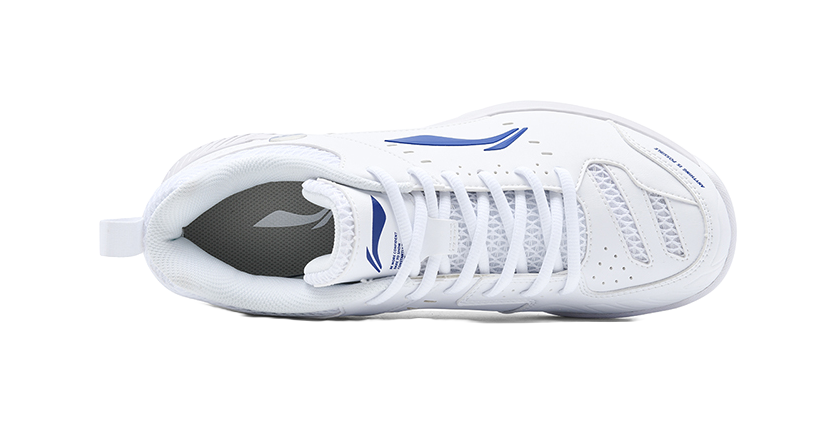 White badminton shoe with blue logo, laced upper and breathable knit side