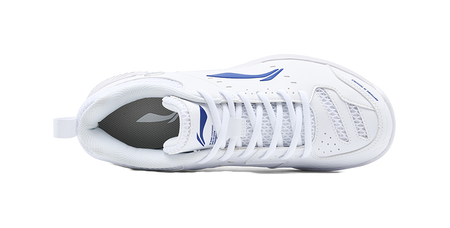 White badminton shoe with blue logo, laced upper and breathable knit side