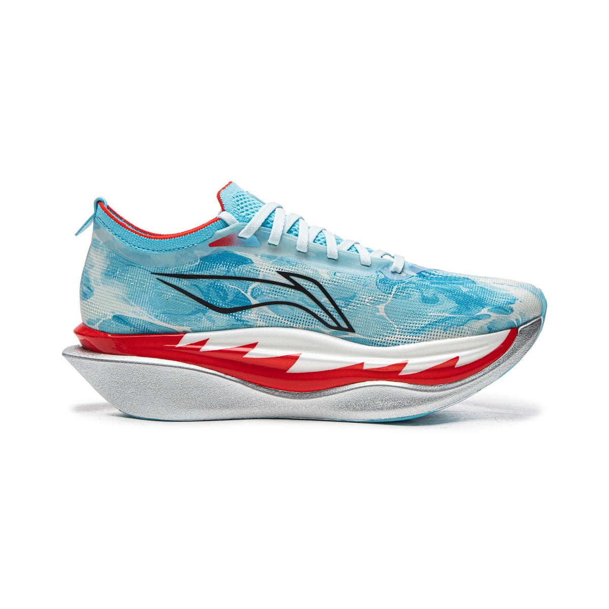 Unisex carbon plate running shoe, blue and white upper with red trim, side view