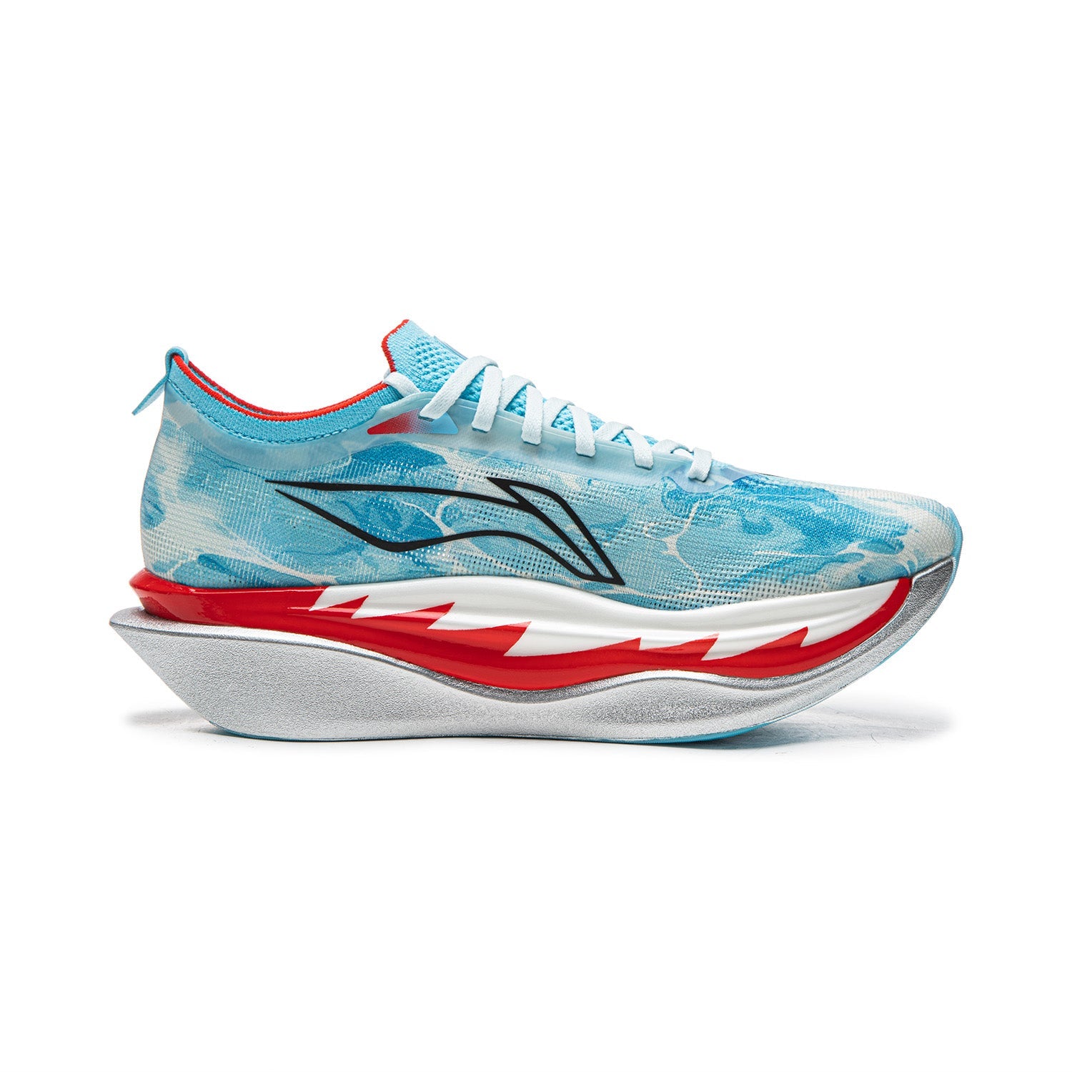 Unisex carbon plate running shoe, blue and white upper with red trim, side view