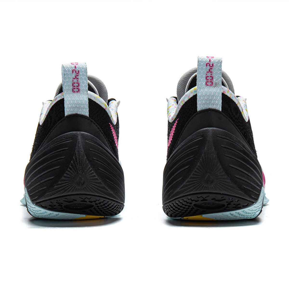 Black basketball shoe heel view with light blue heel tab and textured outsole.