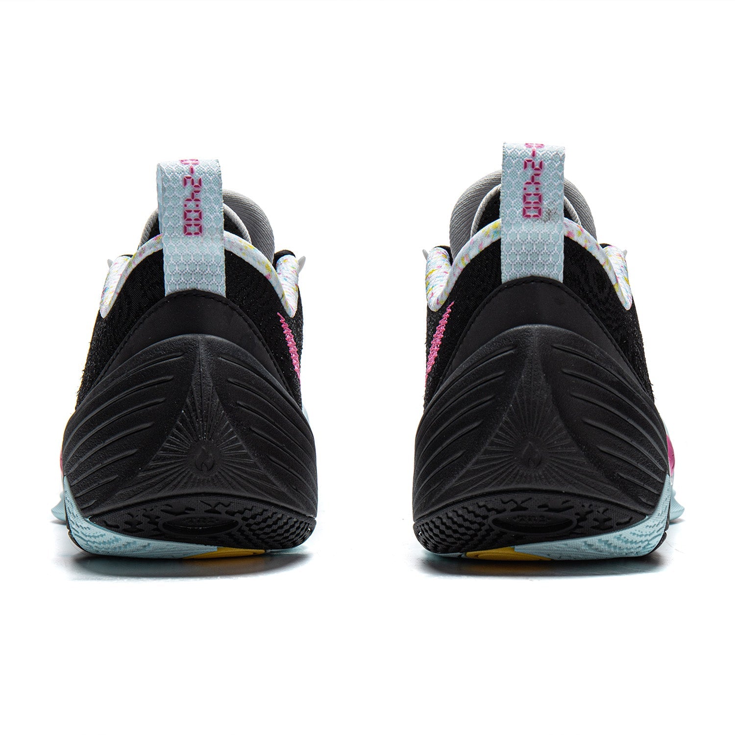 Black basketball shoe heel view with light blue heel tab and textured outsole.