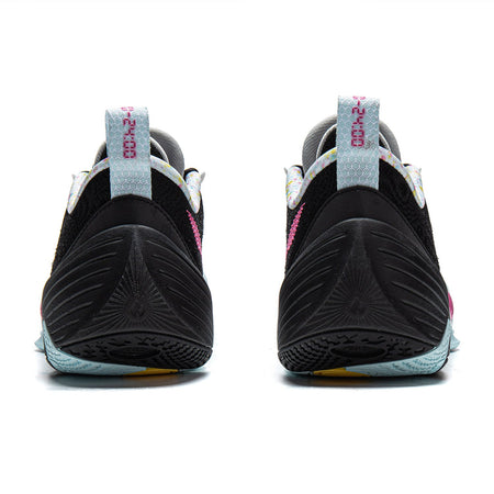 Black basketball shoe heel view with light blue heel tab and textured outsole.
