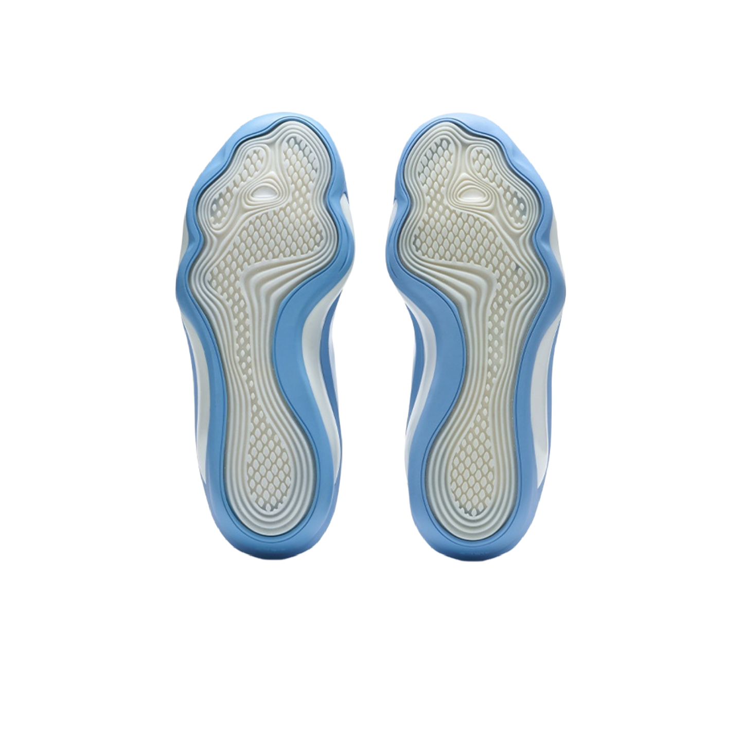 Pair of blue basketball shoes showing full outsole tread and curved traction pods