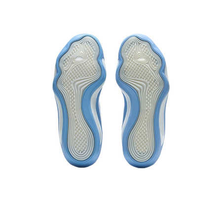 Pair of blue basketball shoes showing full outsole tread and curved traction pods