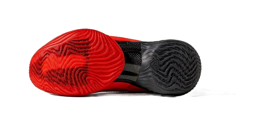 Black and red basketball shoe outsole, side view with textured traction pattern