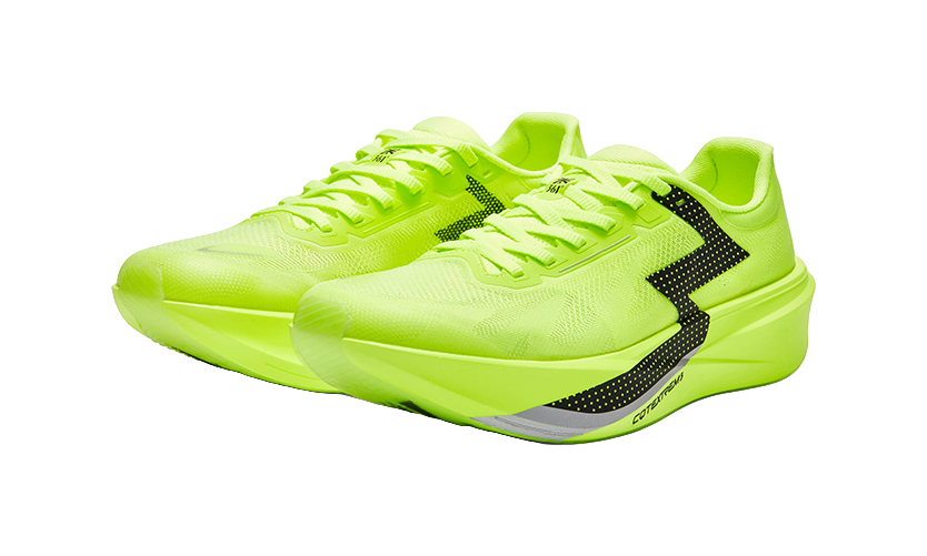 Neon yellow low-top running shoes with textured upper and black side detail