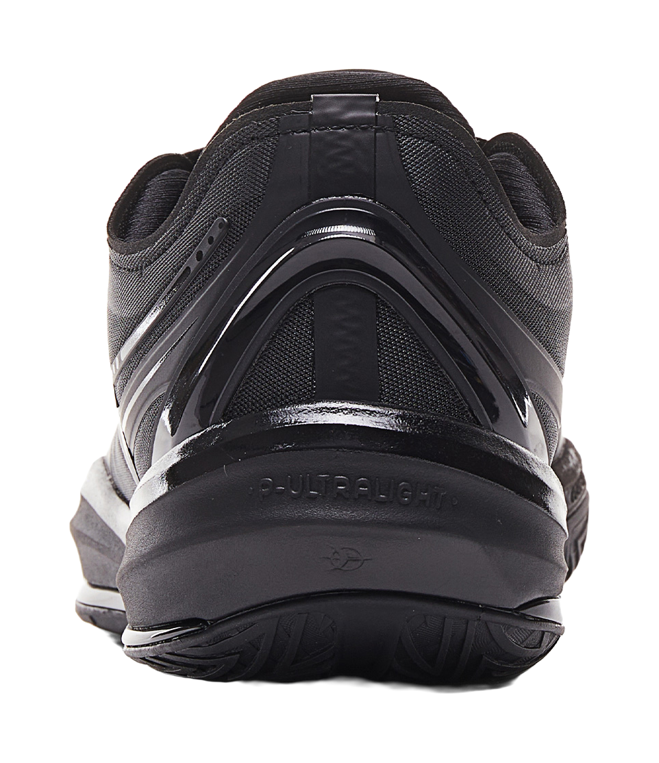 Black basketball shoe heel with molded cushioning and lace-up collar.