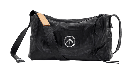 GROTTO black pleated sheepskin crossbody bag with tan label and silver logo emblem