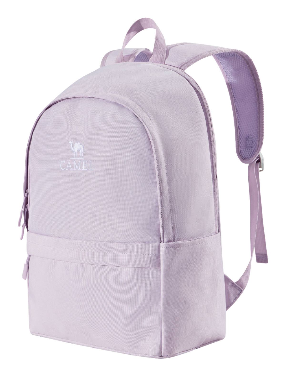 CAMEL 18L outdoor backpack in light purple, front logo, zip pocket, adjustable shoulder strap