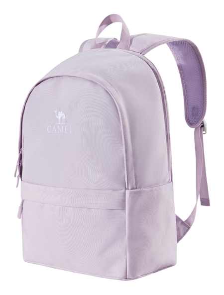 CAMEL 18L outdoor backpack in light purple, front logo, zip pocket, adjustable shoulder strap
