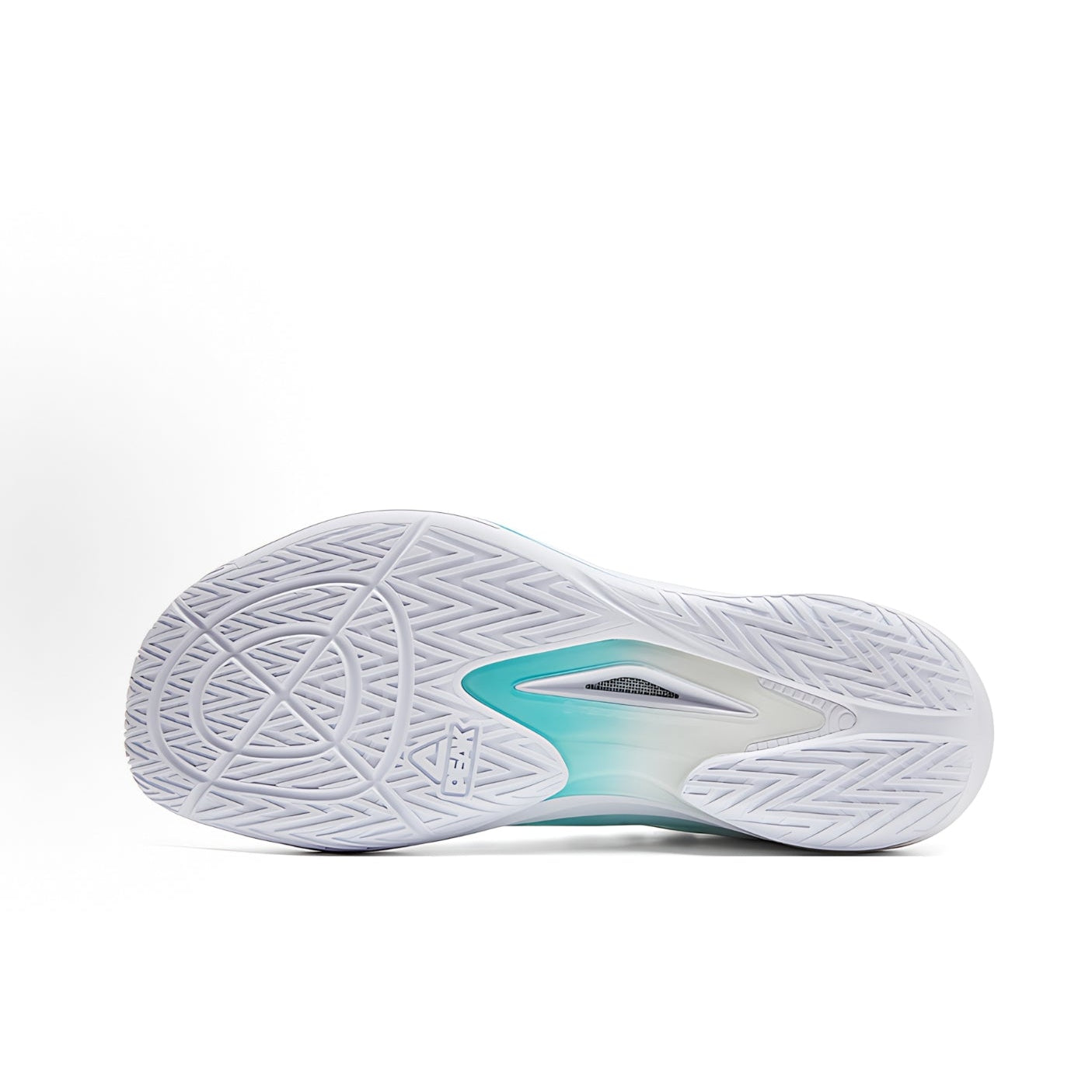 White and ice blue basketball shoe outsole with herringbone traction pattern.